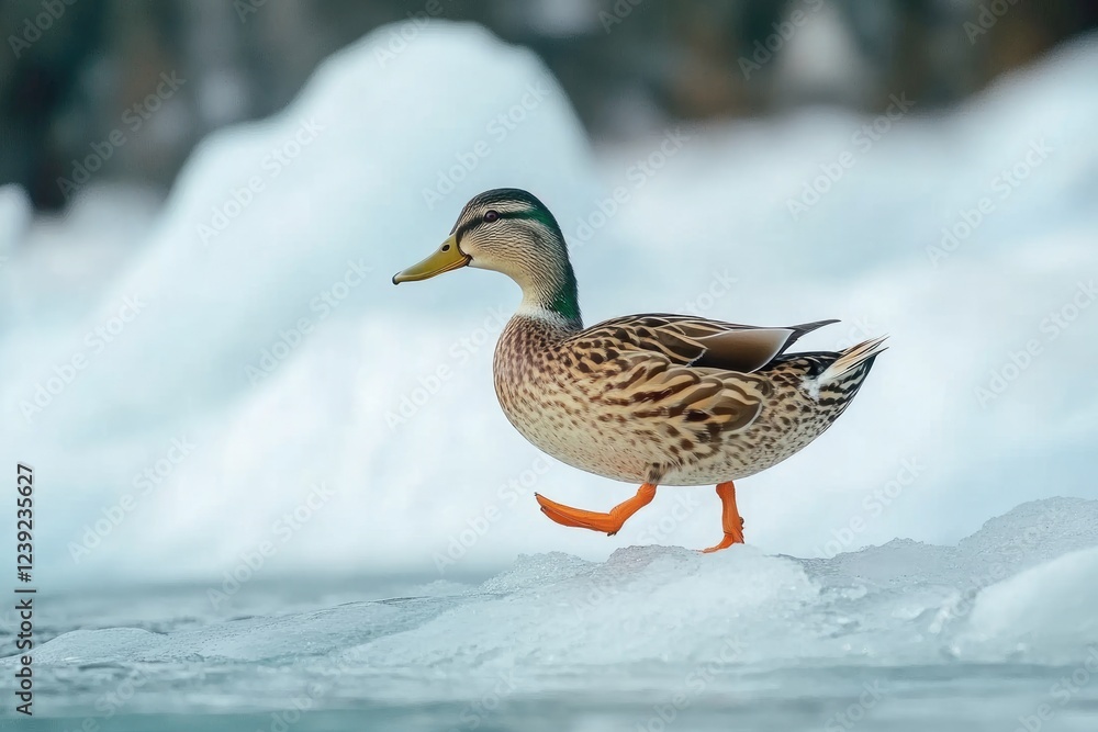 Charming Anas Platyrhynchos Striding on Icy Surface, One Leg Raised Amidst Frosty Landscape Charming Anas Platyrhynchos Striding on Icy Surface, One Leg Raised Amidst Frosty Landscape