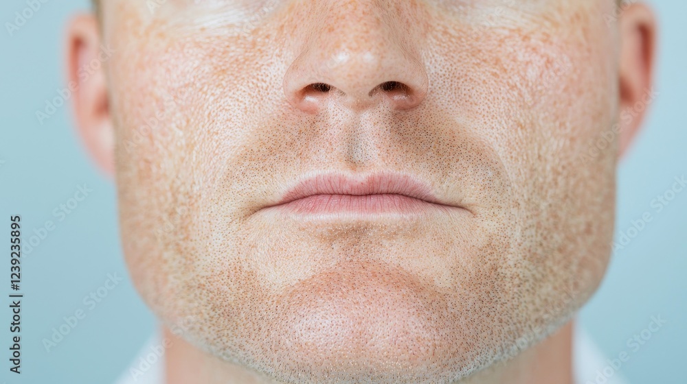 Close-up man's face, neutral expression, light skin, skincare Close-up man's face, neutral expression, light skin, skincare