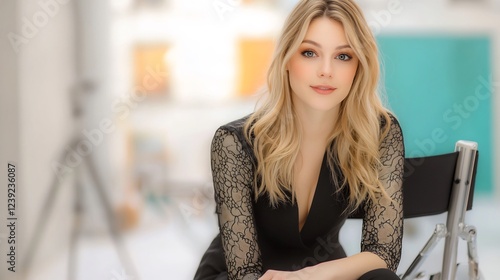 Young woman in stylish outfit seated confidently in a bright studio with soft lighting Free Download Young woman in stylish outfit seated confidently in a bright studio with soft lighting - GFXLoad
