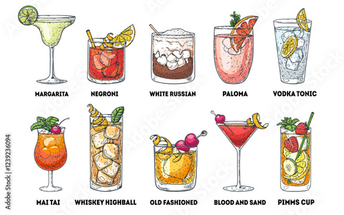 Alcoholic cocktails hand drawn vector illustration. Cocktail glass set. Cognac, brandy, vodka, tequila, whiskey, champagne, wine cocktails.