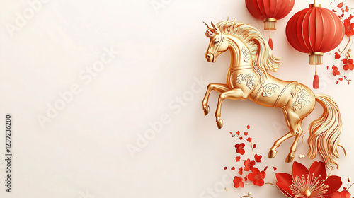 beautiful golden horse symbol of asian chinese new year 2026 with chinese lanterns and flowers