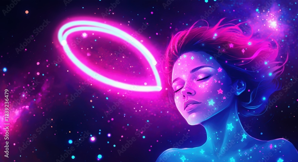 Neon cosmic fantasy with female in celestial space art journey Neon cosmic fantasy with female in celestial space art journey