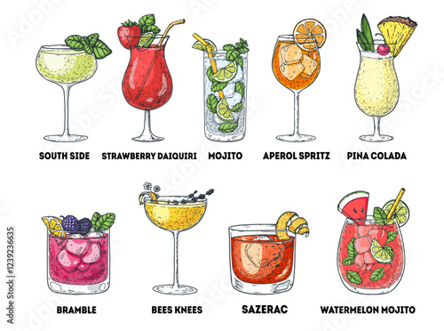 Alcoholic cocktails hand drawn vector illustration. Cocktail glass set. Cognac, brandy, vodka, tequila, whiskey, champagne, wine cocktails.