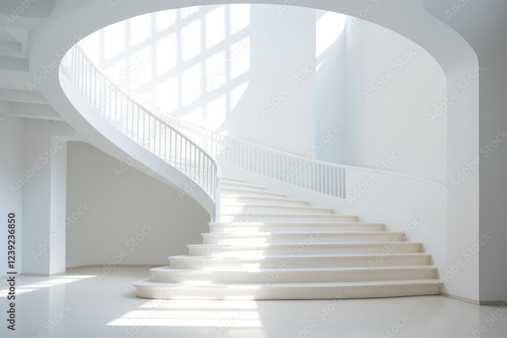 Obraz premium Stairway to Serenity: An Interior Staircase with White Architecture Leading Up to a Bright Light