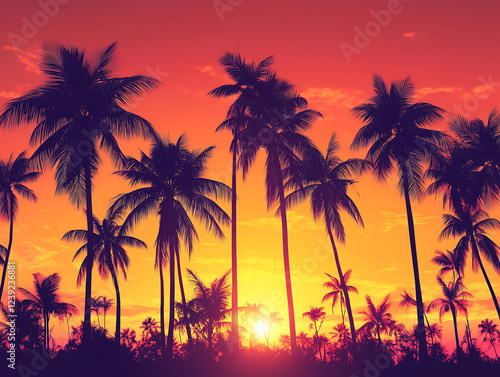 Stunning sunset over a tropical landscape with silhouetted palm trees. photo