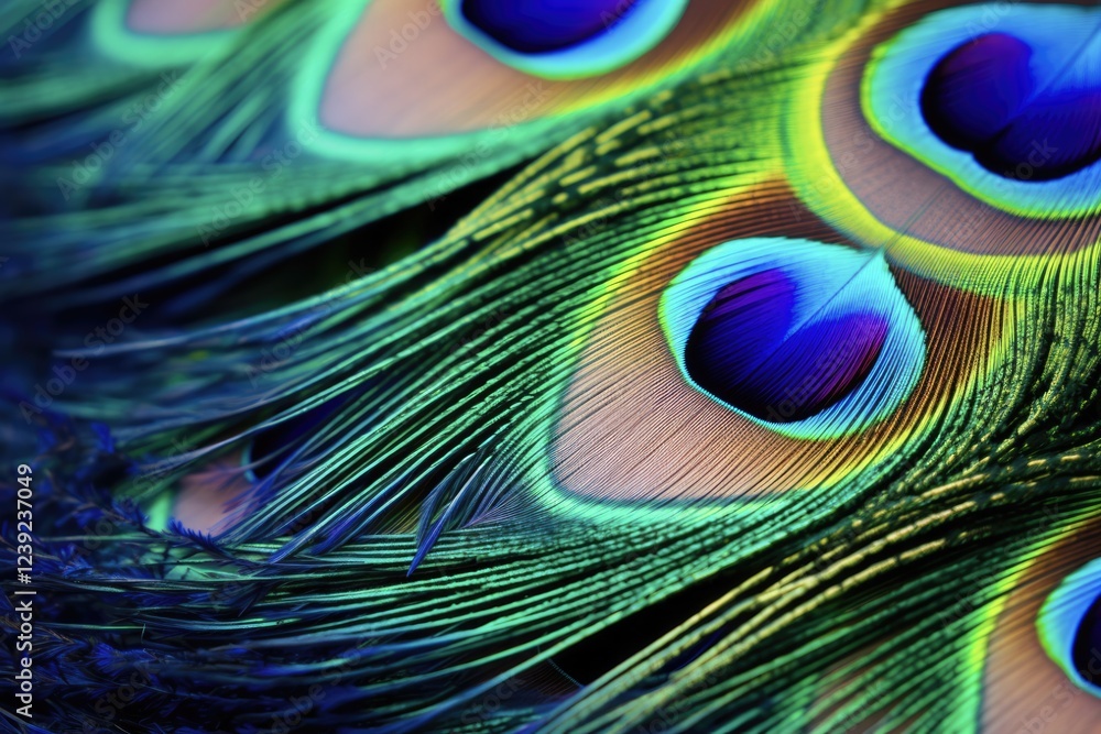 Fototapeta premium Stunning Close-Up of Peacock Feather in Teal, Blue, Green, and Purple Colors. Captured in San Antonio, Texas, US for Colorful Designs