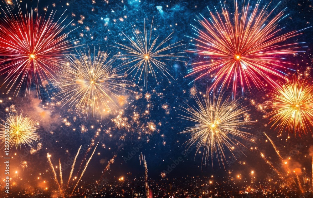 Fototapeta premium Colorful Fireworks Display Over Cityscape at Night with Bright Explosions and Vibrant Patterns Creating a Festive Atmosphere for Celebrations