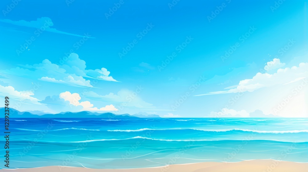 Obraz premium Summer Beach Background Illustration with Bokeh Lights and Blue Ocean Waves in Abstract Sky