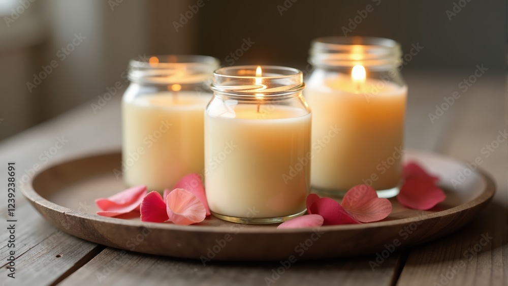 Tranquil ambiance created by candles and rose petals in a cozy setting Tranquil ambiance created by candles and rose petals in a cozy setting