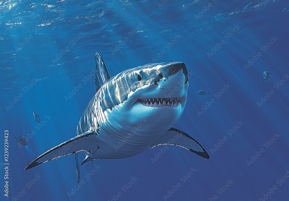 Fototapeta premium Majestic Great White Shark Swimming in Ocean Blue Waters