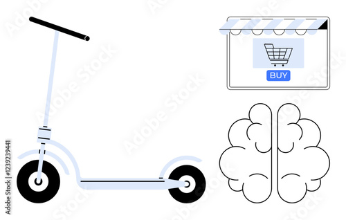 Scooter, brain, and an online store window with a buy button. Ideal for e-commerce, consumer psychology, digital marketplaces, transportation, purchasing decisions, online shopping habits abstract