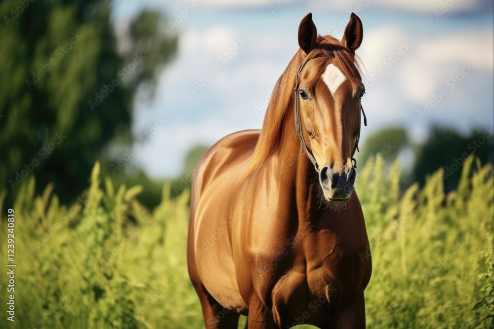 Obraz premium Thoroughbred Horse Grazing in a Green Farm Field - Equine Industry's Graceful Mammal for Shows and Racing