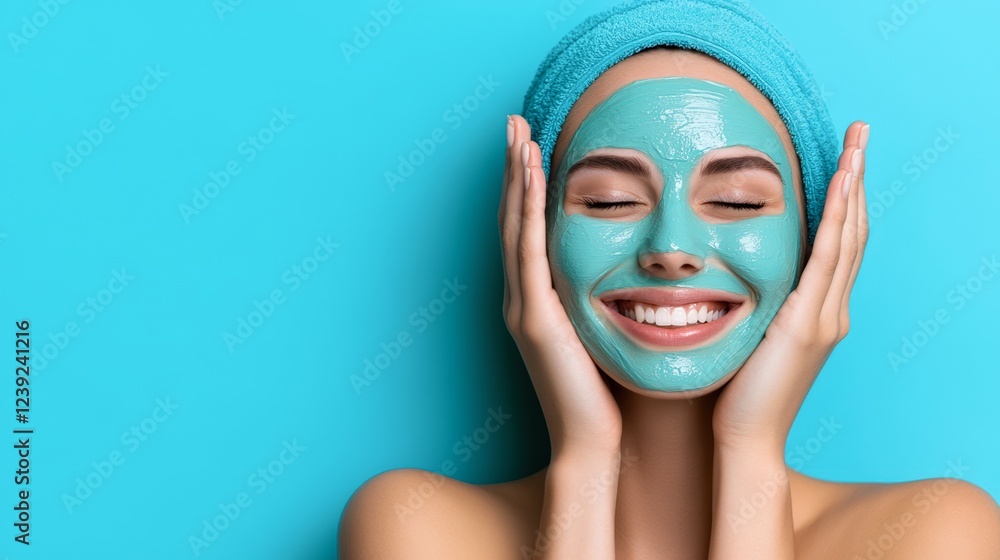 A woman smiles radiantly while applying a turquoise face mask, showcasing a sense of relaxation and self-care, This image is ideal for beauty, skincare, and wellness-related projects, A woman smiles radiantly while applying a turquoise face mask, showcasing a sense of relaxation and self-care, This image is ideal for beauty, skincare, and wellness-related projects,