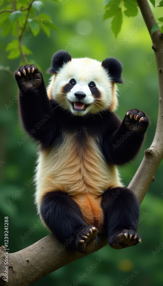 Fototapeta premium A playful panda playfully hangs from a tree branch , active, asia