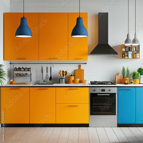 Modern Bright Kitchen Interior with Blue and Orange Cabinets