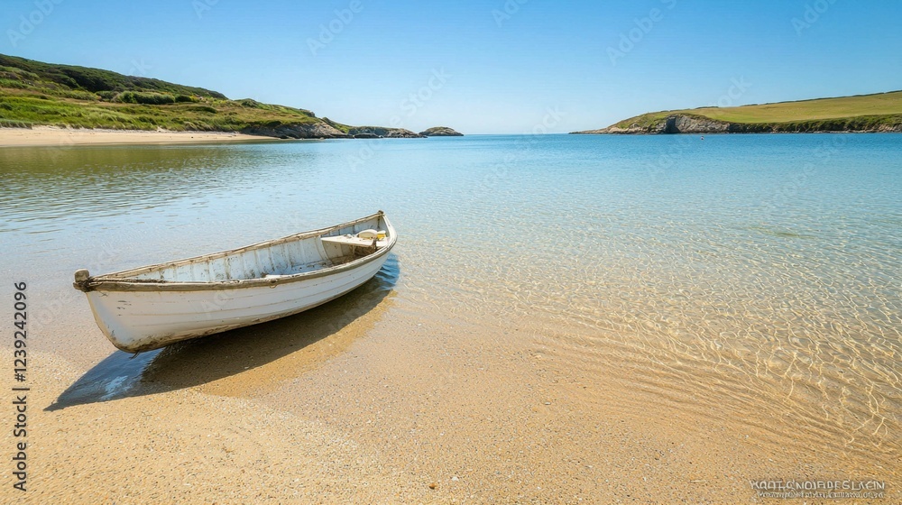 Tranquil Seaside Landscape with a Small Boat on Sandy Shore