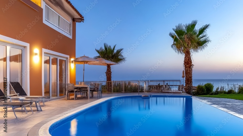 Luxurious Beachfront Villa with Private Pool - Stunning sunset view of a modern beachfront villa featuring a private pool, patio furniture, and lush palm trees. Luxurious Beachfront Villa with Private Pool - Stunning sunset view of a modern beachfront villa featuring a private pool, patio furniture, and lush palm trees.