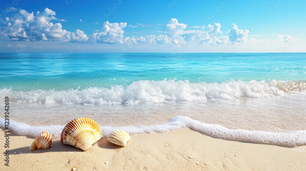 Tranquil Seascape with Shells and Gentle Waves on Sandy Shore Tranquil Seascape with Shells and Gentle Waves on Sandy Shore