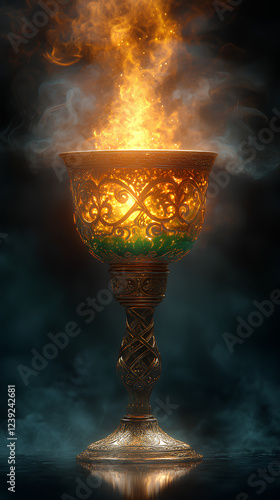 
An antique gold goblet engraved with Celtic patterns, filled with a radiant emerald elixir. Golden specks, . Deep black background, cinematic lighting, Ultra-HD art photography, high detail