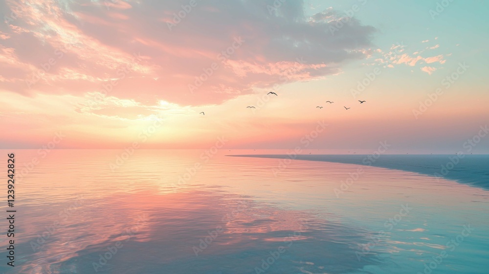 Fototapeta premium Serene Sunset Over Calm Waters with Soft Pastel Sky and Flying Birds