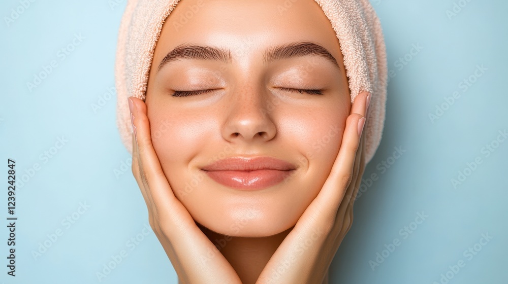 A serene woman with a towel on her head gently holds her face, showcasing a relaxed and glowing complexion, This image can be used for wellness, beauty, skincare, and spa-related content, A serene woman with a towel on her head gently holds her face, showcasing a relaxed and glowing complexion, This image can be used for wellness, beauty, skincare, and spa-related content,