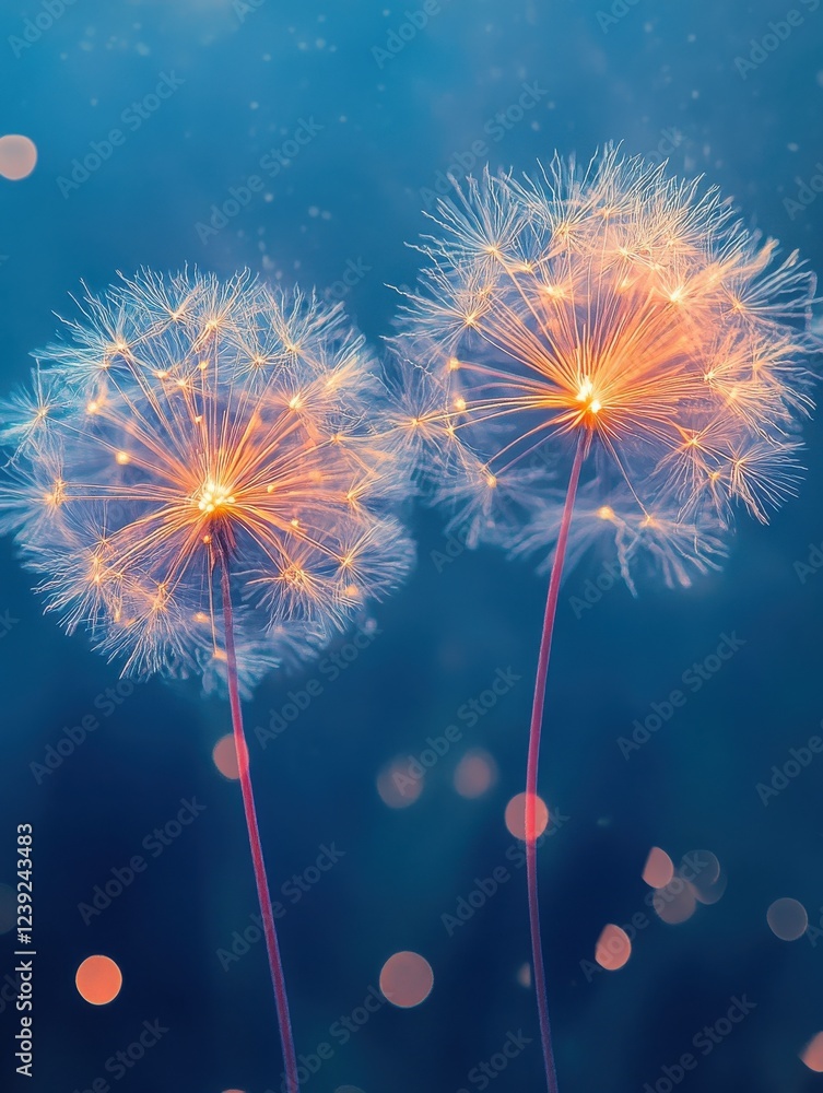 Obraz premium Delicate dandelion flowers glowing in soft blue background with bokeh lights creating an enchanting atmosphere of nature and tranquility