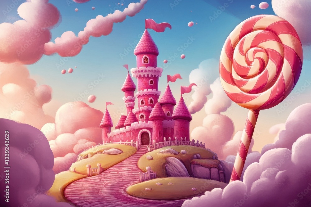 Pink Castle on Candy Cloudscape Near Giant Lollipop Pink Castle on Candy Cloudscape Near Giant Lollipop