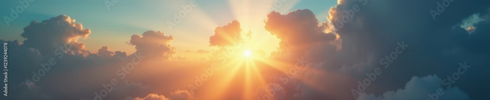 Obraz premium Dramatic cloudscape, sun rays pierce through, divine light, texture, clouds