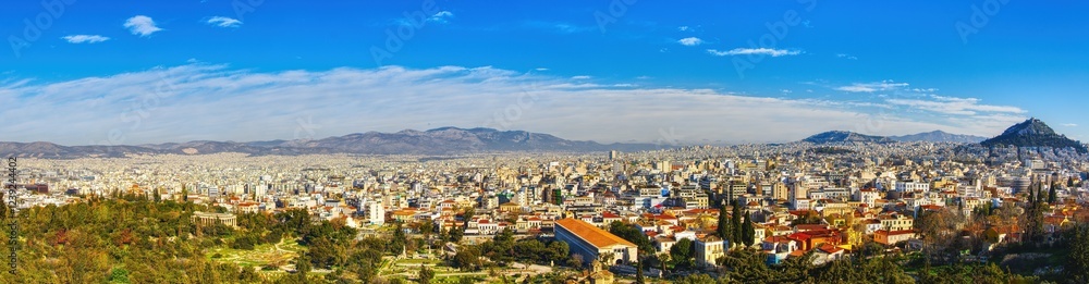 Panorama of Athens. Skyline of Athens city center. Cityscape of historical town of Athens with old and modern Greek houses. Travel concept. Panorama of Athens. Skyline of Athens city center. Cityscape of historical town of Athens with old and modern Greek houses. Travel concept.