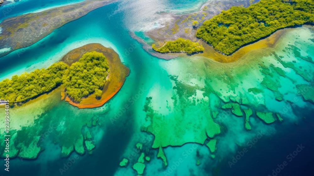 Fototapeta premium Up High Aerial Photo of Beautiful and Colorful Biscayne Bay, Miami Florida. Incredible Shallow Water, Reef and Island View From Drone