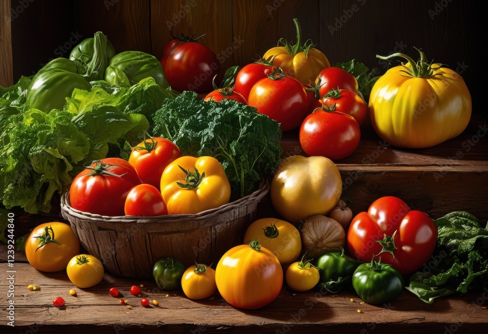 vibrant close colorful produce arranged artistically rustic wooden table showcasing bounty, aubergine, eggplant, radish, beetroot, tomato, carrot vibrant close colorful produce arranged artistically rustic wooden table showcasing bounty, aubergine, eggplant, radish, beetroot, tomato, carrot
