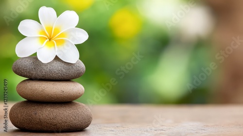 A stack of smooth stones topped with a white flower against a soft-focus green background, evoking tranquility and balance, ideal for wellness, relaxation, or spa-related projects, photo