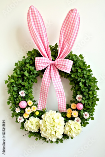 Easter Bunny Wreath with Flowers and Pink Gingham Ears on White Wall Decor photo