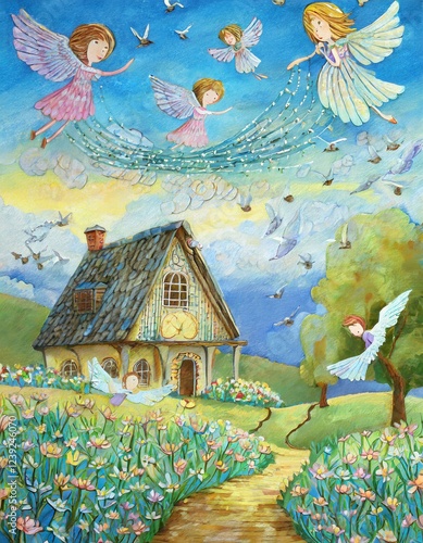 angels and house in the forest