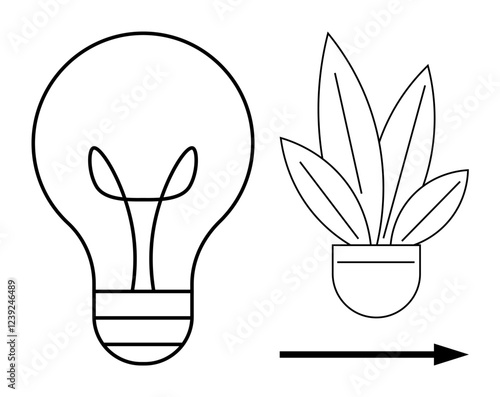 Light bulb and plant in pot with arrow pointing right. Ideal for innovation, sustainability, growth, transformation, progress, eco-friendly, and creativity. Black-and-white abstract line flat