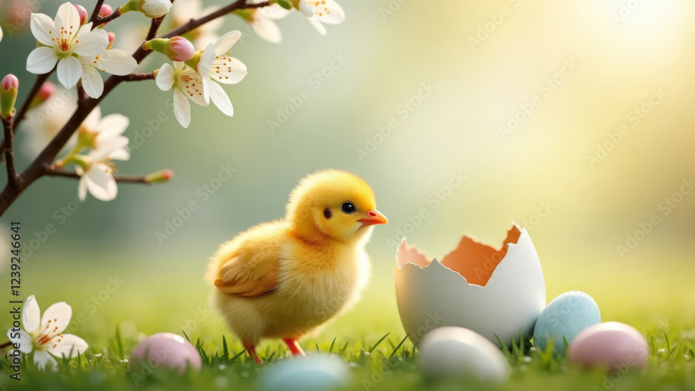 Little yellow chicken and easter eggs on green grass with cherry blossom. Easter theme. Little yellow chicken and easter eggs on green grass with cherry blossom. Easter theme.
