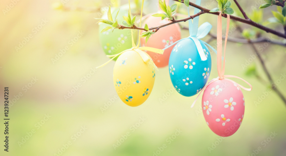 Fototapeta premium Colorful Easter Eggs Hanging on Tree Branch with Spring Blossoms in Soft Focus Background. Easter concept