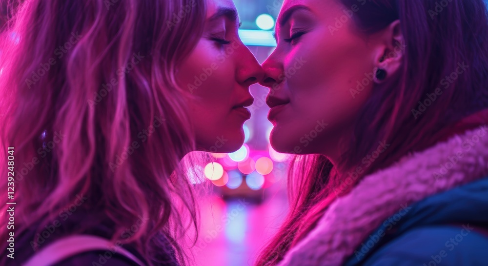 Young caucasian females nose-to-nose in neon-lit urban setting Young caucasian females nose-to-nose in neon-lit urban setting