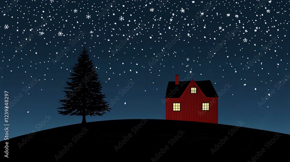Fototapeta premium Christmas Village Night Scene with Snowy Landscape and Decorated Tree Illustration