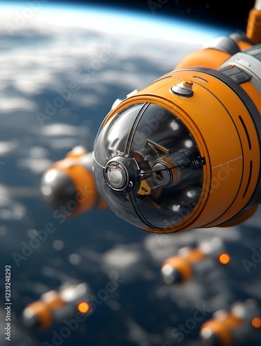 A futuristic space based supply chain hub orbiting Earth with cargo capsules docking and engaging in advanced zero gravity logistics and interplanetary trade photo