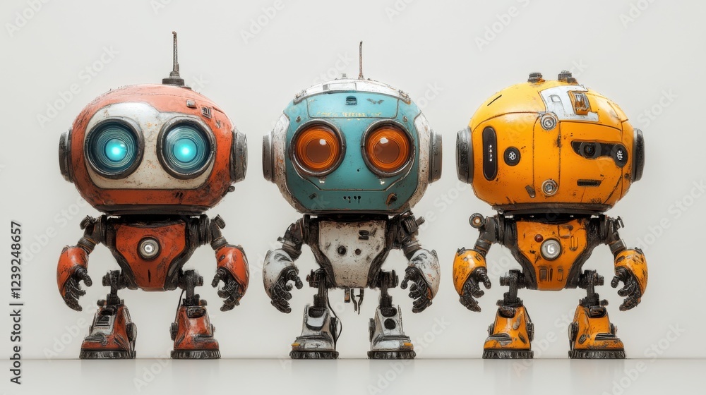 Three colorful retro robots with luminous eyes standing side by side on a clean white background Three colorful retro robots with luminous eyes standing side by side on a clean white background