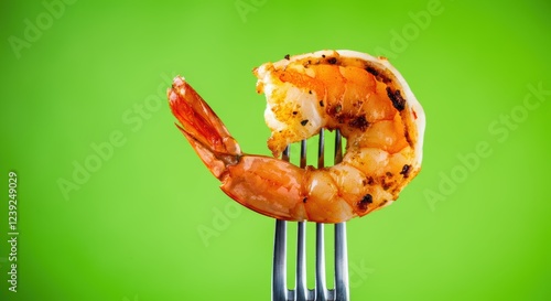 Grilled shrimp on fork against vibrant green background with seasoning details photo