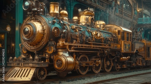 Wallpaper Mural Vintage steam locomotive in ornate train station with golden detailing and intricate architecture Torontodigital.ca