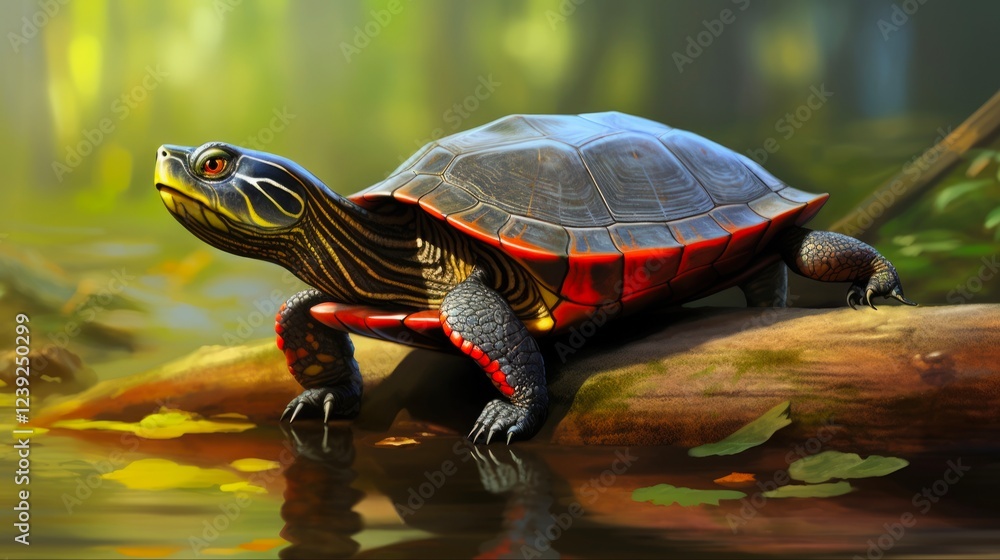 Obraz premium Young Eastern Painted Turtle in its Natural Habitat with Red Coloration on its Shell. Close-up Wildlife Photography of a Small Baby Turtle in Nature