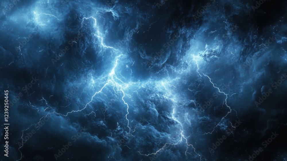 Dramatic thunderstorm with bright lightning bolts illuminating dark cloudy sky at night Dramatic thunderstorm with bright lightning bolts illuminating dark cloudy sky at night
