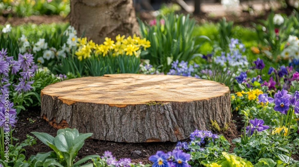 Fototapeta premium A large, freshly cut tree stump sits in a blooming garden filled with colorful flowers.