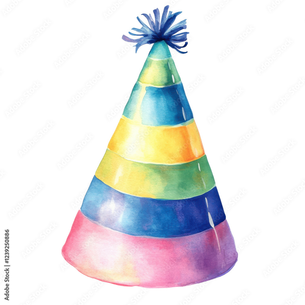 A colorful party hat featuring alternating stripes of blue, yellow, green, and pink, topped with a playful pom-pom. A colorful party hat featuring alternating stripes of blue, yellow, green, and pink, topped with a playful pom-pom.