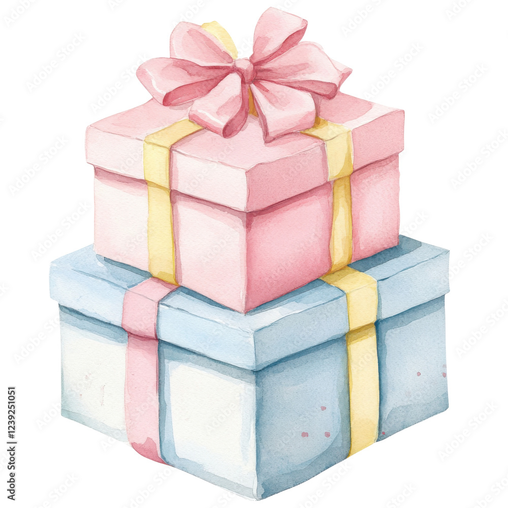 Fototapeta premium Two colorful gift boxes stacked, one pink with a bow and one blue, both adorned with ribbons.