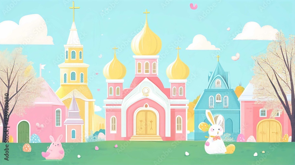 Fantasy Castle Illustration with Princess Tower in Pink Fairy Tale Village Fantasy Castle Illustration with Princess Tower in Pink Fairy Tale Village