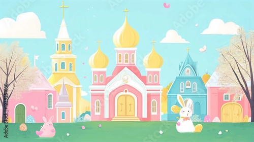 Fantasy Castle Illustration with Princess Tower in Pink Fairy Tale Village